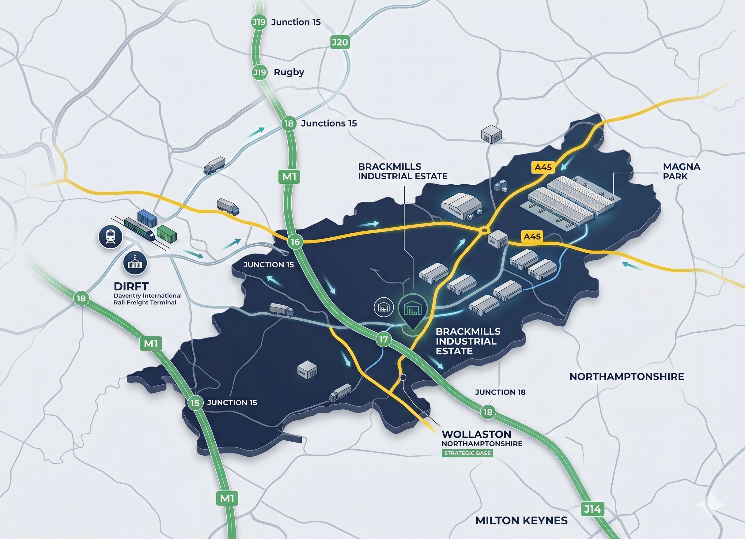 Northampton Logistics Corridor — M1, DIRFT, Brackmills Industrial Estate and Magna Park Northampton logistics corridor map showing M1, DIRFT, Brackmills and key UK distribution routes
